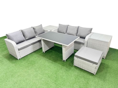 Fimous 7 Seater Rattan Outdoor Dining Table 3 Seater Sofa Set with 2 Side Tables Big Stool Light Grey
