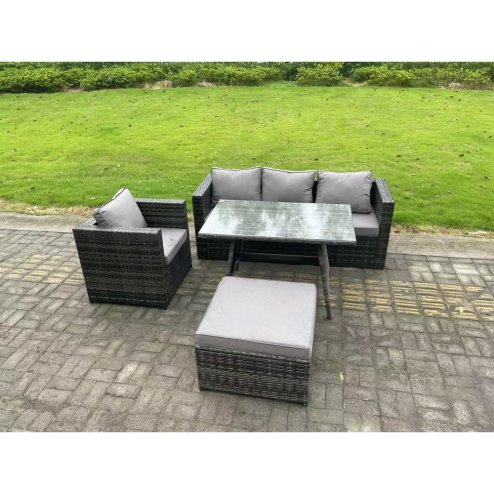 Fimous Rattan Outdoor Furniture Garden Dining Set with Oblong Dining Table Armchair Big Footstool Dark Grey Mixed