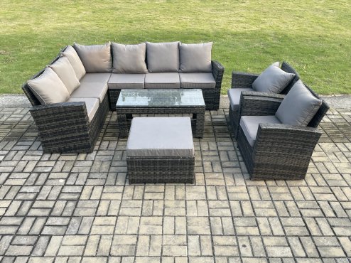 Fimous Outdoor Furniture Garden Dining Set Rattan Corner Sofa Set with 2 Armchairs Big Footstool Dark Grey Mixed
