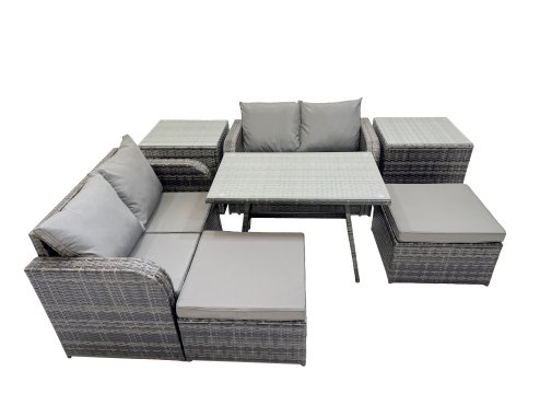 Fimous 6 Seater Garden Outdoor Rattan Furniture Set Rattan Sofa Oblong Dining Table with 2 Side Table Dark Grey