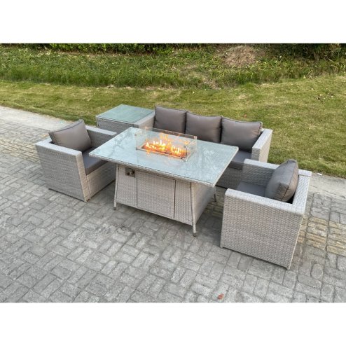 Fimous Light Grey Corner Rattan Garden Furniture Set Gas Fire Pit Dining Set Heater Lounge Sofa Side Coffee Table Armchairs