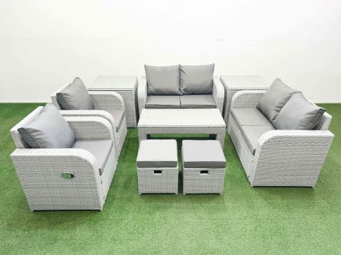 Fimous 8 Seater Outdoor Reclining Chair Love Sofa Set Rattan Garden Furniture Set with Oblong Coffee Table 2 Stools 2 Side Table Light Grey