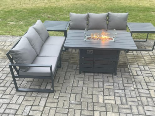 Fimous Aluminium 6 Seater Outdoor Garden Furniture Lounge Sofa Set Gas Fire Pit Dining Table with 2 Side Tables Dark Grey
