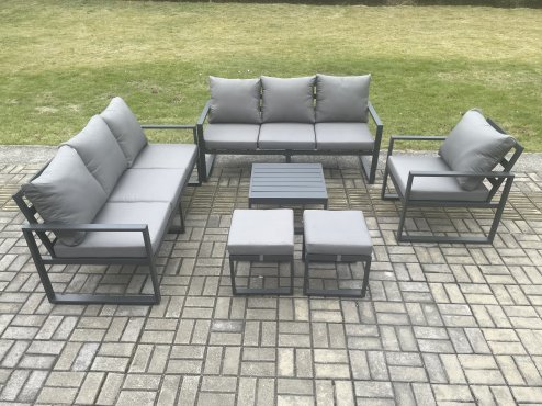 Fimous Aluminium 9 Seater Outdoor Garden Furniture Lounge Sofa Set with Square Coffee Table Chair 2 Small Footstools Dark Grey