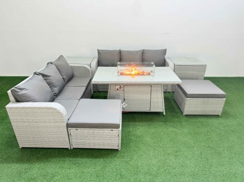 Fimous Outdoor Garden Furniture Sets 8 Seater Wicker Rattan Furniture Sofa Sets with Firepit Dining Table high Back Lounge Sofa 2 Big Footstool 2 Side Table Light Grey