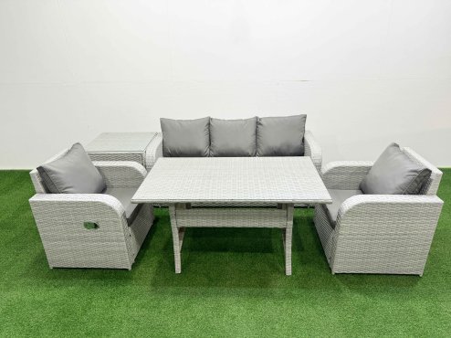 Fimous PE Rattan Garden Furniture Set Reclining Chair Sofa Lounge Sofa Set Rectangular Dining Table Side Table Light Grey