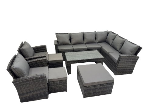 Fimous Rattan Garden Furniture Set 8 Pieces Outdoor Garden Sofa Oblong Coffee Table Set with Chair 3 Footstools Dark Grey Mixed
