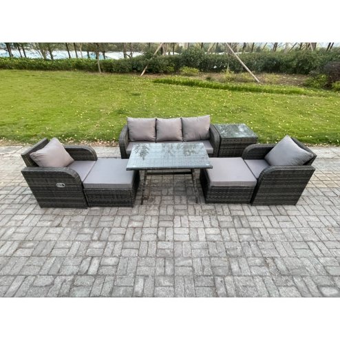 Fimous Outdoor Garden Furniture Sets 7 Pieces Wicker Rattan Furniture Sofa Sets with Rectangular Dining Table 2 Big Footstool Side Table