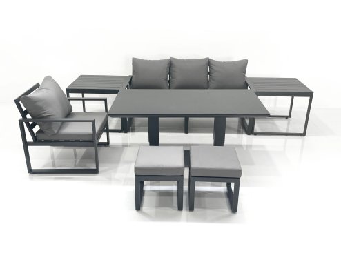 Fimous 6 Seater Garden Sofa Set Aluminium Furniture Rising Dining Tabe Set with Chair 2 Side Table 2 Small Footstools Dark Grey