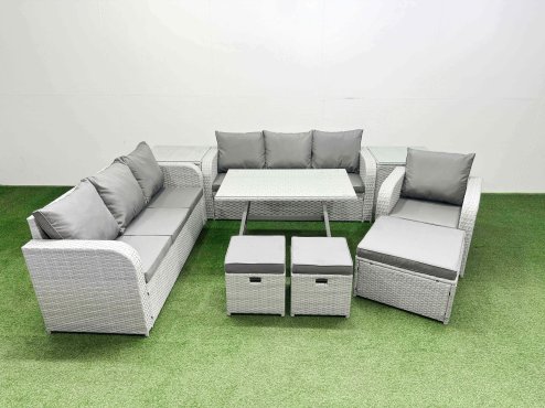 Fimous 9 Pieces Outdoor PE Rattan Garden Furniture with Cushions Reclining Chair 2 Side Tables 3 Stool Light Grey