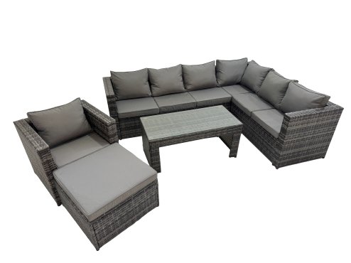Fimous Outdoor Rattan Oblong Coffee Table Corner Sofa Sets Garden Furniture Set with Chair Big Stool Dark Grey Mixed