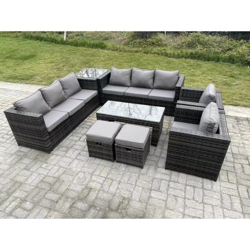 Fimous Outdoor Rattan Garden Furniture Lounge Sofa Set With Oblong Rectagular Coffee Table 2 PC Arm Chair Side Coffee Table 2 Stools