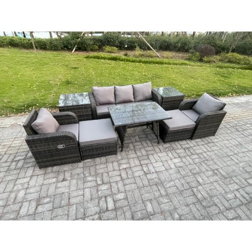 Fimous Outdoor Garden Furniture Sets 8 Pieces Wicker Rattan Furniture Sofa Sets with Rectangular Dining Table 2 Big Footstool 2 Side Tables
