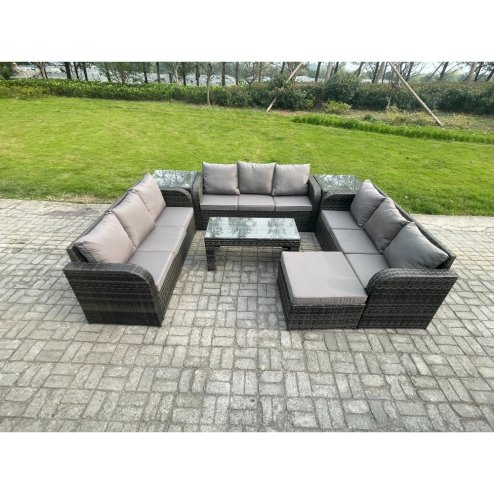 Fimous 10 Seater Rattan Garden Furniture Set Indoor Outdoor Patio Sofa Set with Coffee Table 2 Side Tables Big Footstool Dark Grey Mixed