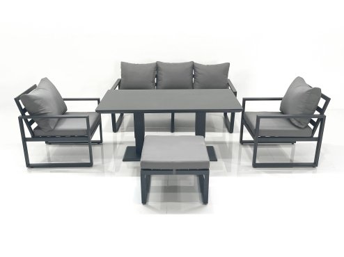 Fimous Outdoor Aluminium Garden Furniture Set with Adjustable Rising Lifting Dining Table 3 Seater Sofa 2 Chair Big Footstool Dark Grey