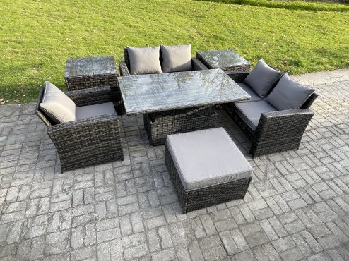 Fimous 7pcs Rattan Outdoor Garden Furniture Set Height Adjustable Rising Lifting Table Sofa Dining Set with 2 Side Tables Big Footstool Dark Grey Mixed