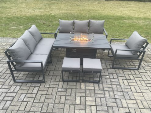Fimous Aluminium 6 Pieces Garden Furniture Sofa Set with Cushions 9 Seater Gas Fire Pit Dining Table Set with 2 Small Footstools Dark Grey