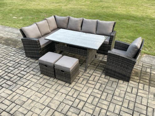 Fimous 9 Seater Garden Rattan Furniture Corner Dining Set with 2 Small Footstools Armchair Indoor Outdoor Lounge Sofa Set