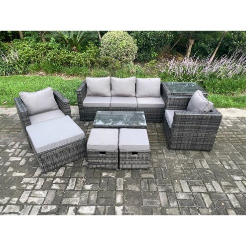 Fimous Outdoor Rattan Garden Furniture Set with 3 Seater Sofa Coffee Table Side Table 2 Armchairs 3 Footstools Patio Lounge Sofa Set Dark Grey Mixed