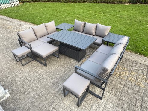 Fimous Aluminum Outdoor Patio Furniture Set Modern Patio Conversation Sets with Adjustable Rising Lifting Dining Table 3 Footstools Side Table Dark Grey