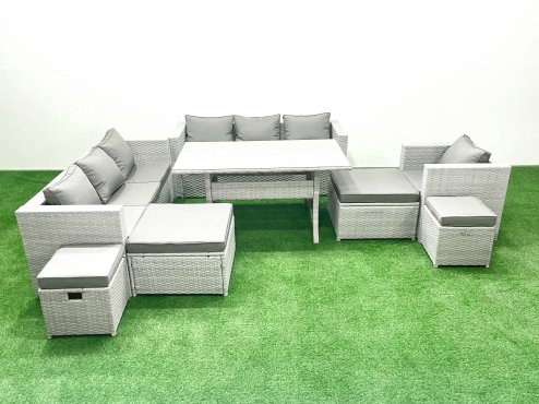 Fimous Rattan Garden Furniture Dining Set 11 Seater Lounge Sofa Chair Dining Table Set with 4 Footstools Light Grey Mixed