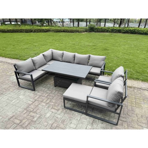 Fimous Aluminium Garden Furniture Sets,8 Seater Outdoor Conversational Dining Set with Adjustable Rising Lifting Dining Table Cushions for Yard,Poolside, Patio, Dark Grey