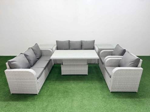 Fimous PE Rattan High Back Lounge Sofa Set Patio Adjustable Lifting Dining or Coffee Table & Chairs Set with 3 Seater Sofa Reclining Chair 2 Side Table Light Grey