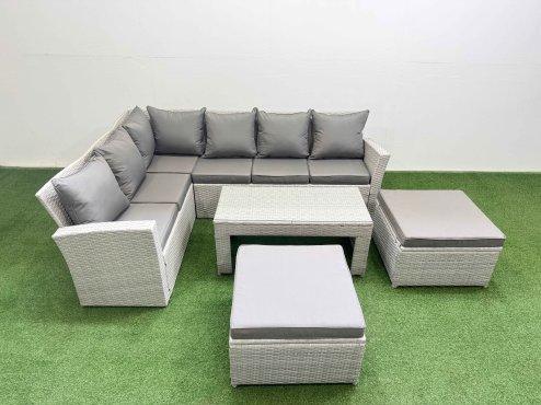 Fimous Rattan Garden Furniture Set Outdoor 8 Seater Corner Sofa Sets with Oblong Coffee Table 2 Big Footstools Light Grey Mixed