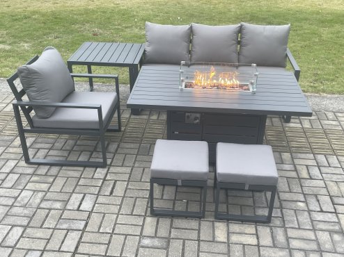 Fimous Aluminium 6 Pieces Garden Furniture Sofa Set with Cushions Gas Fire Pit Dining Table Set with 2 Small Footstools Side Table Dark Grey