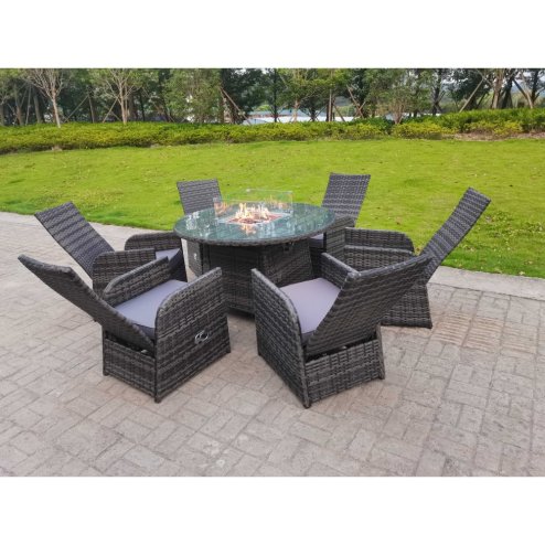 Fimous Rattan Garden Furniture Gas Fire Pit Round Dining Table And Chairs 6 Seater Plus Round Table