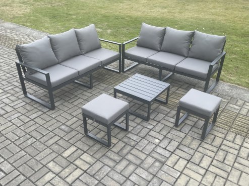 Fimous Aluminium 5 Pieces Garden Furniture Sofa Set with Cushions 8 Seater Outdoor Patio Set with Square Coffee Table 2 Small Footstools Dark Grey