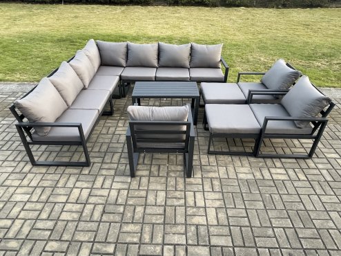 Fimous Aluminium Outdoor Garden Furniture Set Lounge Corner Sofa 3 Pcs Chair Oblong Coffee Table Sets with 2 Big Footstools Dark Grey