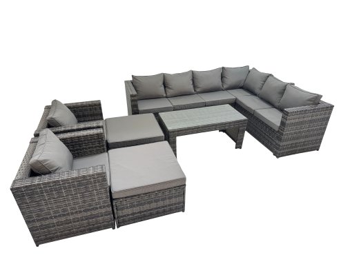 Fimous Outdoor Rattan Oblong Coffee Table Corner Sofa Sets Garden Furniture Set with 2 Chairs 2 Big Stools Dark Grey Mixed