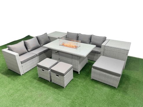 Fimous 9 Seat PE Rattan Lounge Sofa Set Outdoor Garden Furniture Set with Firepit Dining Table 3 Seater Sofa 3 Stools 2 Side Tables Light Grey