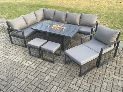 Fimous Aluminium 9 Pieces Garden Furniture Corner Sofa Set with Cushions Gas Fire Pit Dining Table Set with Chair 3 Footstools Dark Grey