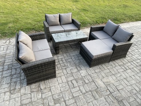 Fimous 7 Seater Rattan Wicker Garden Furniture Patio Conservatory Sofa Set with Coffee Table Double Seater Sofa Big Footstool