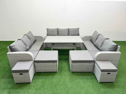 Fimous PE Rattan Lounge Sofa Set 10 Seater Outdoor Garden Furniture Set with Dining Table 3 Seater Sofa 2 Big Footstools Light Grey