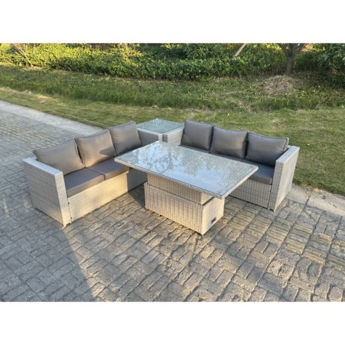 Fimous Rattan Garden Funiture Set Height Adjustable Rising Lifting Table Sofa Dining Set With Side Coffee Tea Table