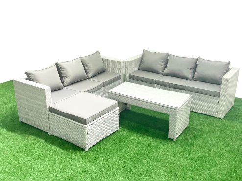 Fimous 7 Seater Garden Outdoor Rattan Furniture Set Rattan Garden Sofa Oblong Coffee Table with Big Footstool Light Grey Mixed
