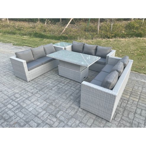 Fimous Lounge Rattan Garden Furniture Set Adjustable Rising Lifting Table Dining Set With Side Coffee Tea Table