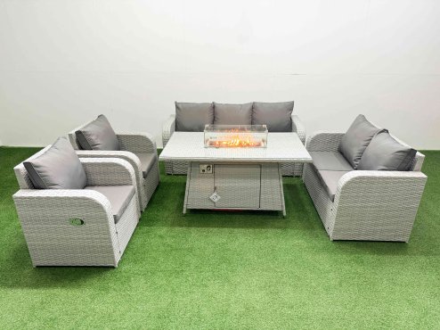 Fimous PE Rattan Garden Furniture Set Reclining Chair Sofa Double Love Seat 2 Seater Sofa Lounge Set Firepit Dining Table Light Grey