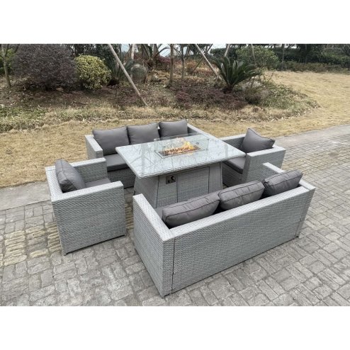 Fimous Light Grey Rattan Garden Furniture Set Gas Fire Pit Dining Set Heater Burner Lounge Sofa Chairs Outdoor