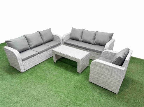 Fimous 7 Seater Poly Rattan Outdoor Garden Furniture Oblong Coffee Table Sofa Set Patio 3 Seater Sofa Reclining Chair 3 Seater Sofa Light Grey