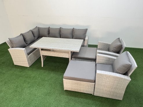 Fimous 10 Seater Rattan Garden Furniture Set Outdoor Patio Dining Corner Sofa Sets with Dining Table 2 Chairs Big Footstools Light Grey Mixed