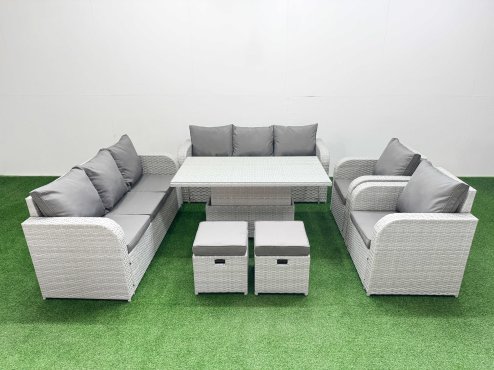 Fimous PE Rattan High Back Lounge Sofa Set Patio Adjustable Lifting Dining or Coffee Table & Chairs Set with 3 Seater Sofa Reclining Chair Stools Light Grey