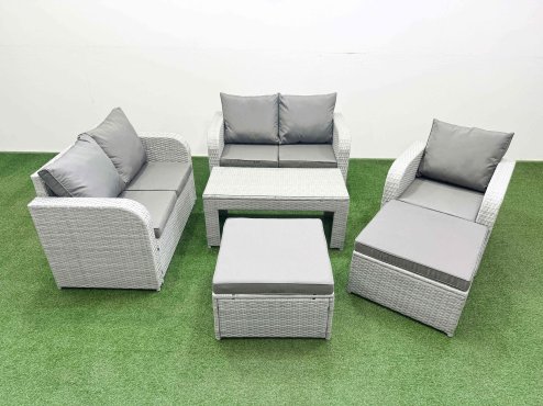 Fimous High Back Poly Rattan Garden Furniture Set with Reclining Chair Loveseat Sofa Oblong Coffee Table Indoor Outdoor Patio Set 2 Big Stool Light Grey
