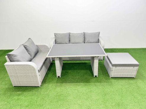 Fimous Garden Furniture Set PE Ratten Garden Sofa Set with Rectangular Dining Table Big Stool Light Grey
