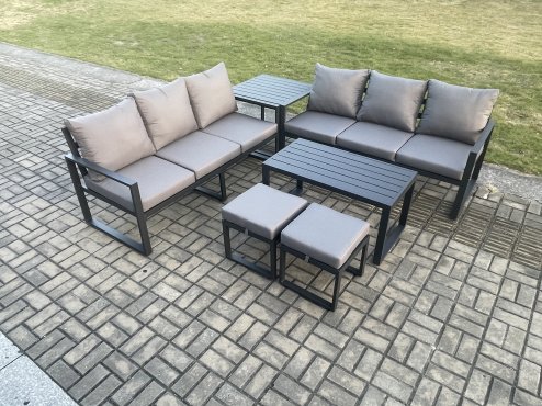 Fimous Aluminium Patio Outdoor Garden Furniture Lounge Sofa Set with Oblong Coffee Table 2 Small Footstools Side Table Dark Grey