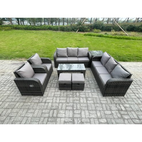 Fimous 10 Seater Wicker PE Rattan Sofa Set Outdoor Patio Garden Furniture with 2 Reclining Chairs Coffee Table Side Table 2 Small Footstools Dark Grey Mixed