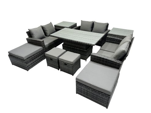 Fimous Outdoor Love Sofa Set 10 Seat Rattan Garden Furniture Set with Adjustable Lifting Dining or Coffee Table 2 Side Tables Dark Grey Mixed
